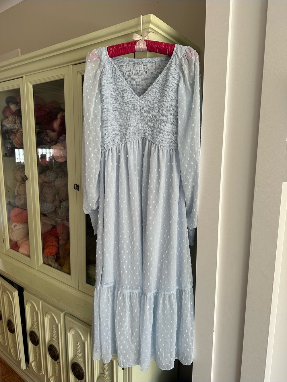 Smocked Bodice Light Blue Midi Dress with Sheer Long Sleeves